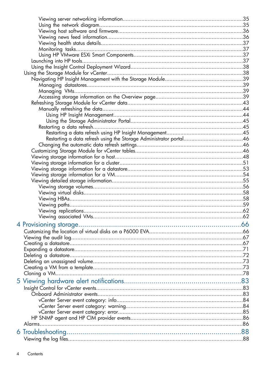 4 provisioning storage, 5 viewing hardware alert notifications, 6 troubleshooting | HP OneView for VMware vCenter User Manual | Page 4 / 107