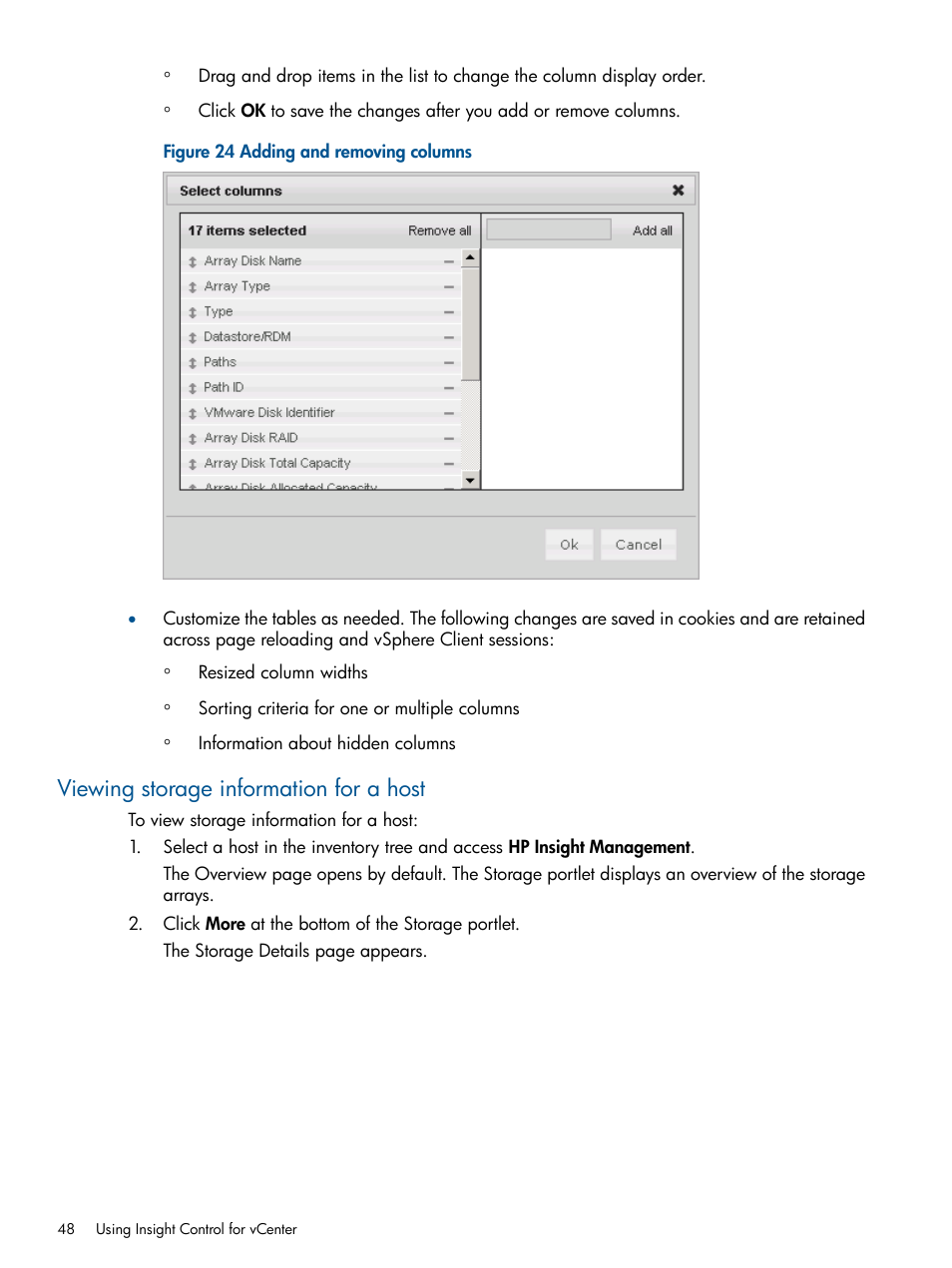 Viewing storage information for a host | HP OneView for VMware vCenter User Manual | Page 48 / 107