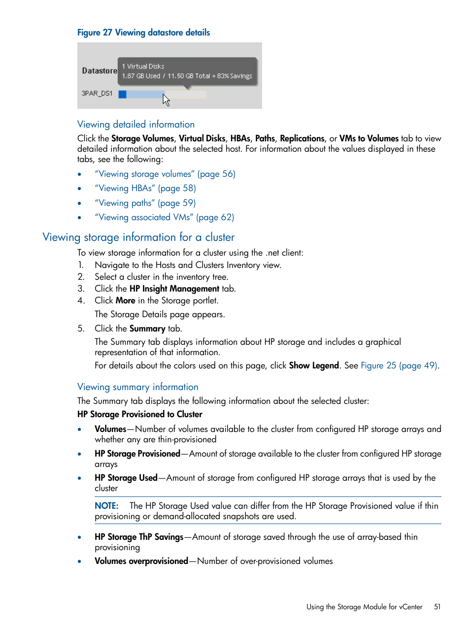 Viewing storage information for a cluster | HP OneView for VMware vCenter User Manual | Page 51 / 107