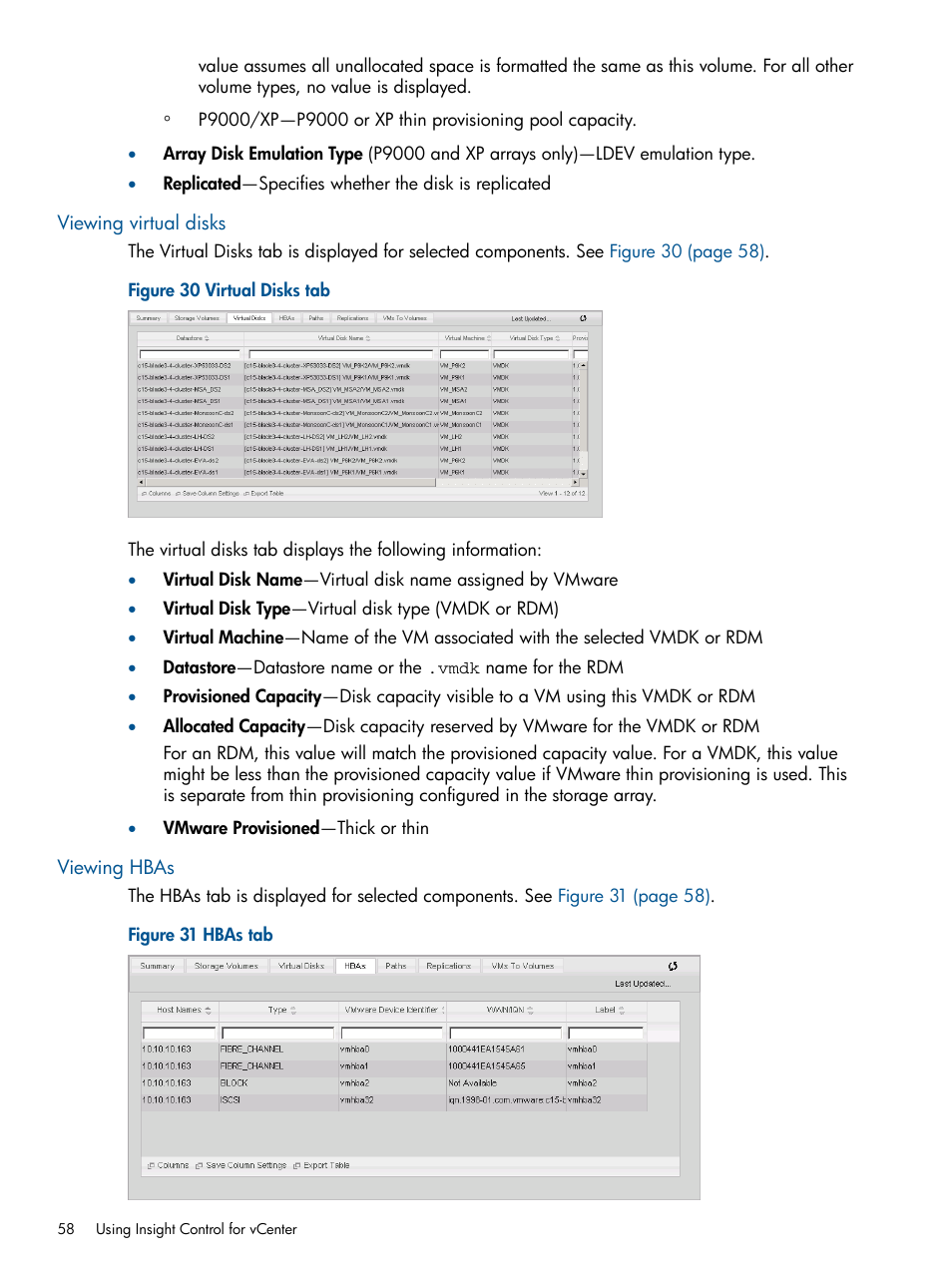 Viewing virtual disks, Viewing hbas, Viewing virtual disks viewing hbas | HP OneView for VMware vCenter User Manual | Page 58 / 107