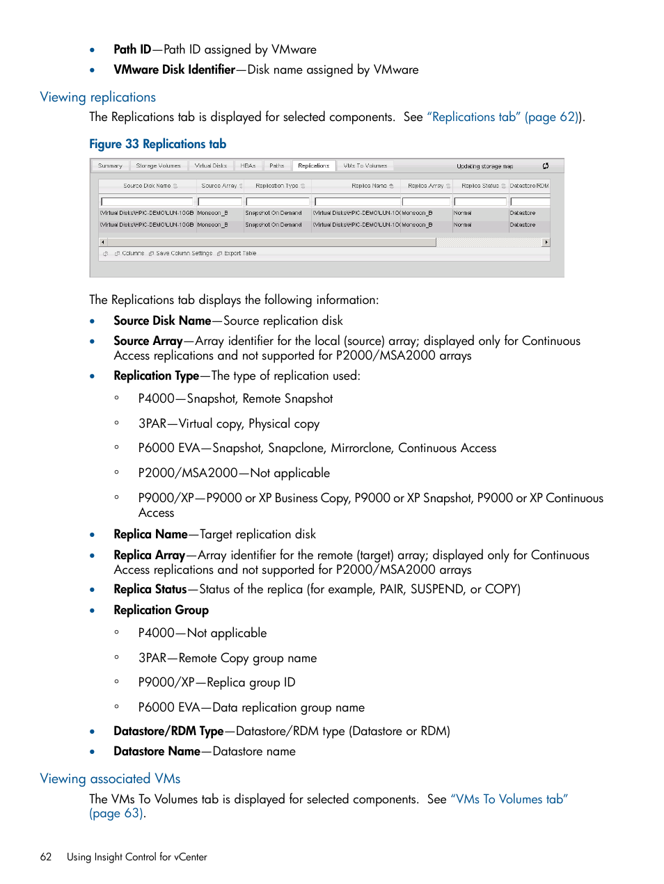 Viewing replications, Viewing associated vms, Viewing replications viewing associated vms | HP OneView for VMware vCenter User Manual | Page 62 / 107