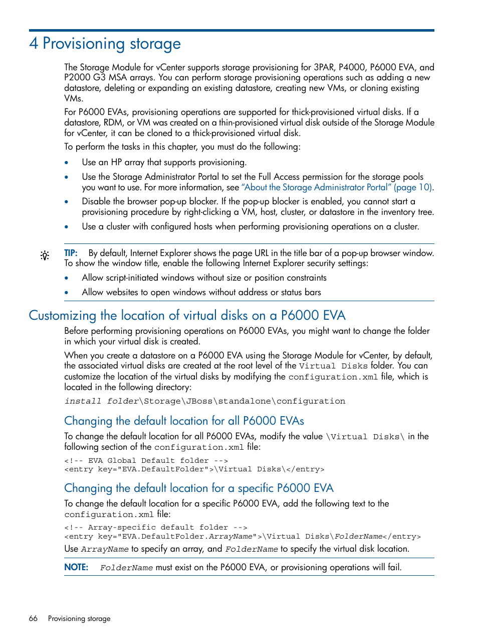 4 provisioning storage, Changing the default location for all p6000 evas | HP OneView for VMware vCenter User Manual | Page 66 / 107