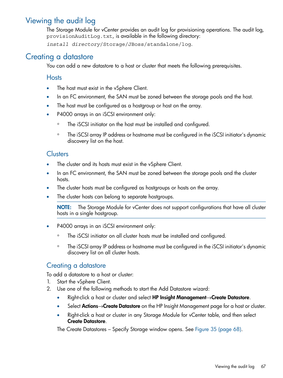 Viewing the audit log, Creating a datastore, Viewing the audit log creating a datastore | Hosts, Clusters | HP OneView for VMware vCenter User Manual | Page 67 / 107