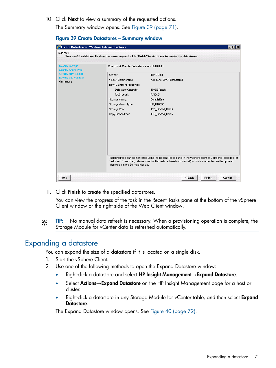 Expanding a datastore | HP OneView for VMware vCenter User Manual | Page 71 / 107