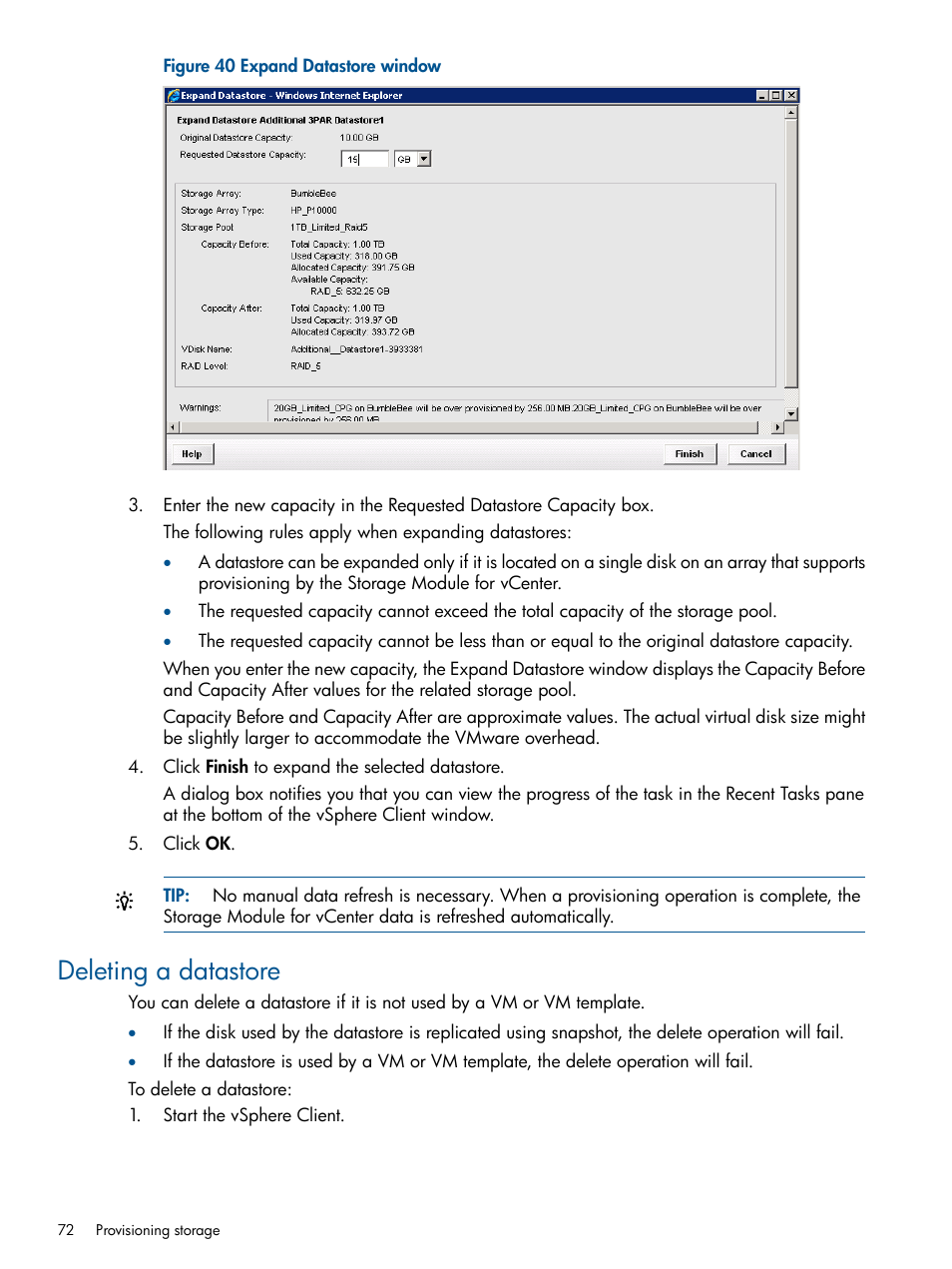 Deleting a datastore | HP OneView for VMware vCenter User Manual | Page 72 / 107