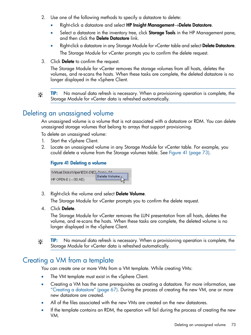 Deleting an unassigned volume, Creating a vm from a template | HP OneView for VMware vCenter User Manual | Page 73 / 107