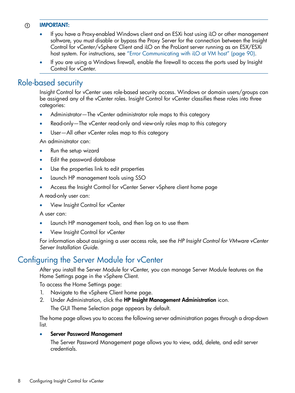 Role-based security, Configuring the server module for vcenter | HP OneView for VMware vCenter User Manual | Page 8 / 107