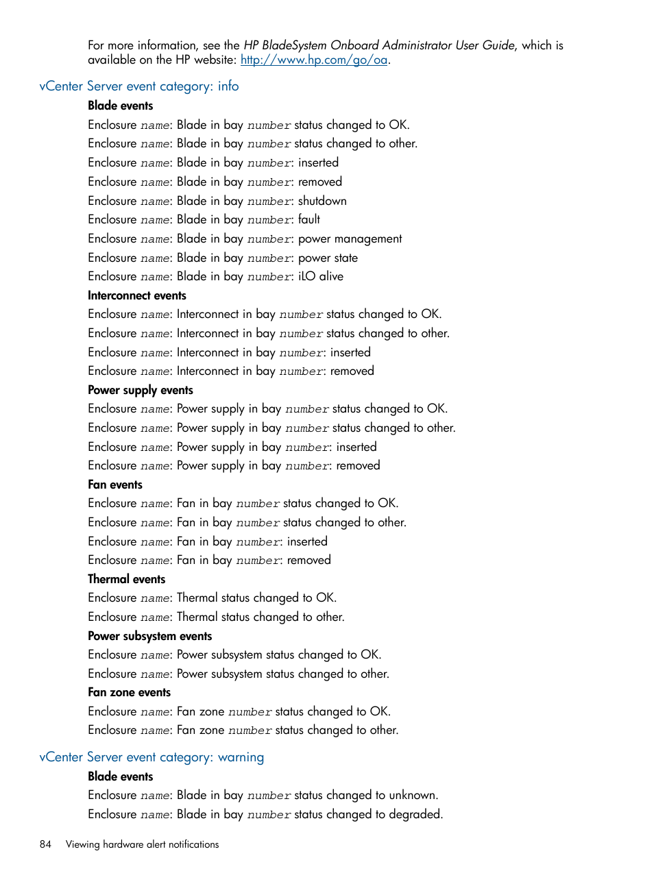 Vcenter server event category: info, Vcenter server event category: warning | HP OneView for VMware vCenter User Manual | Page 84 / 107