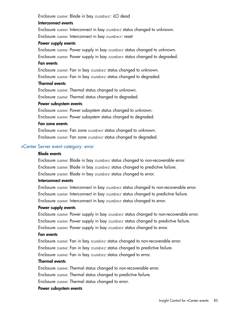 Vcenter server event category: error | HP OneView for VMware vCenter User Manual | Page 85 / 107