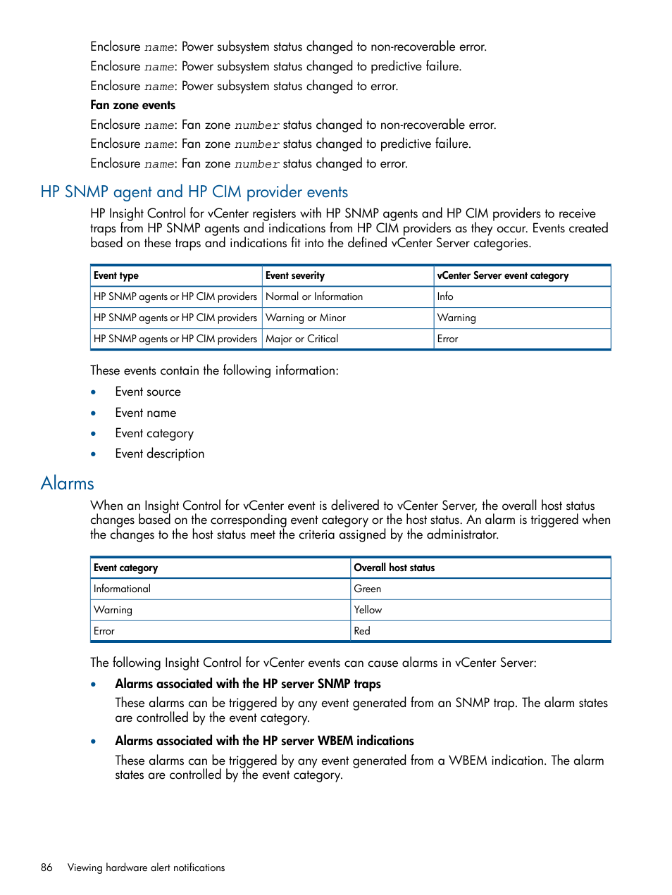 Hp snmp agent and hp cim provider events, Alarms | HP OneView for VMware vCenter User Manual | Page 86 / 107