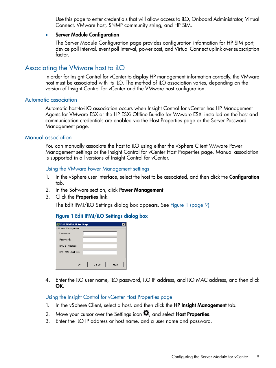 Associating the vmware host to ilo, Automatic association, Manual association | Automatic association manual association | HP OneView for VMware vCenter User Manual | Page 9 / 107