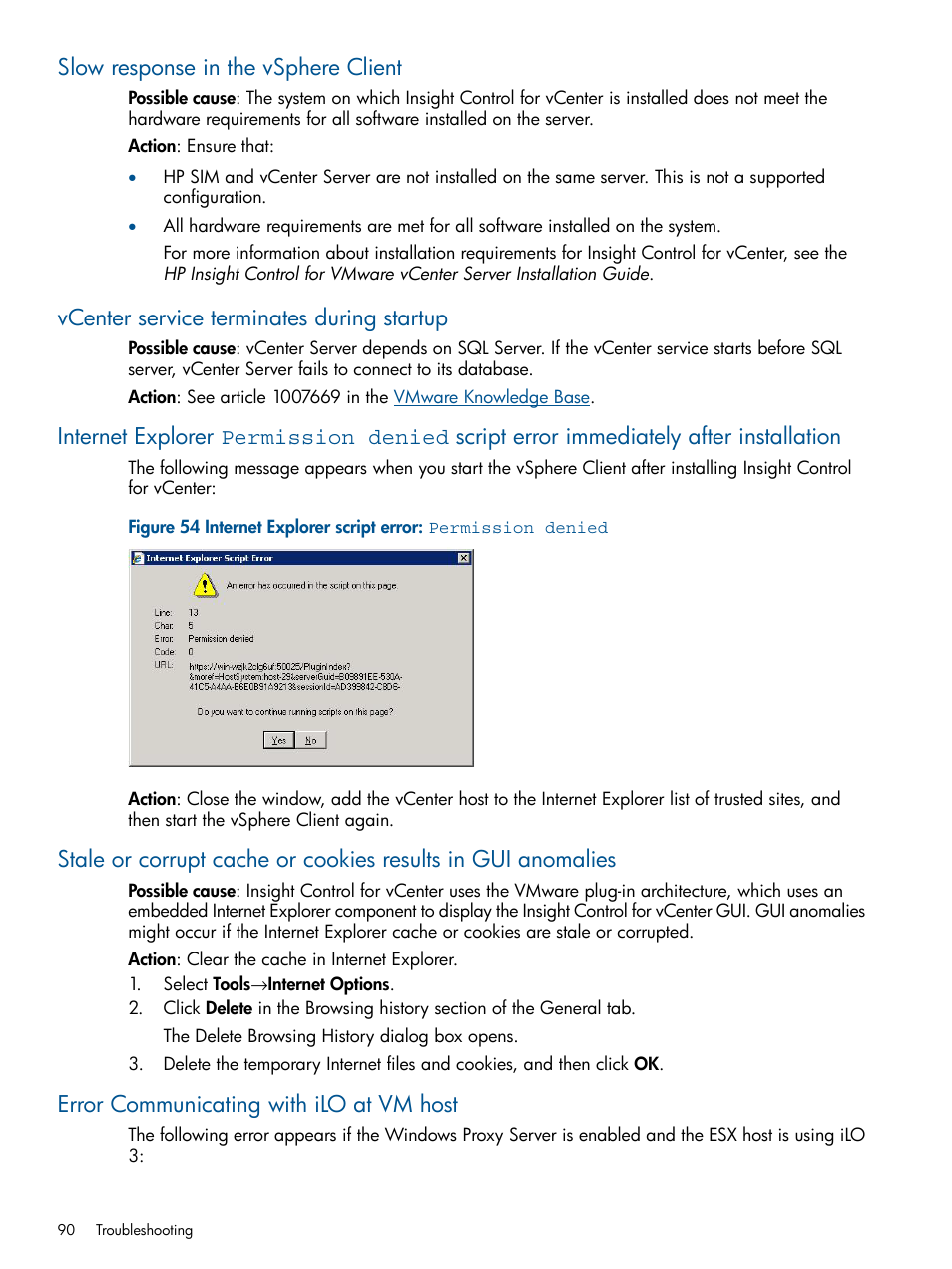 Slow response in the vsphere client, Vcenter service terminates during startup, Error communicating with ilo at vm host | HP OneView for VMware vCenter User Manual | Page 90 / 107