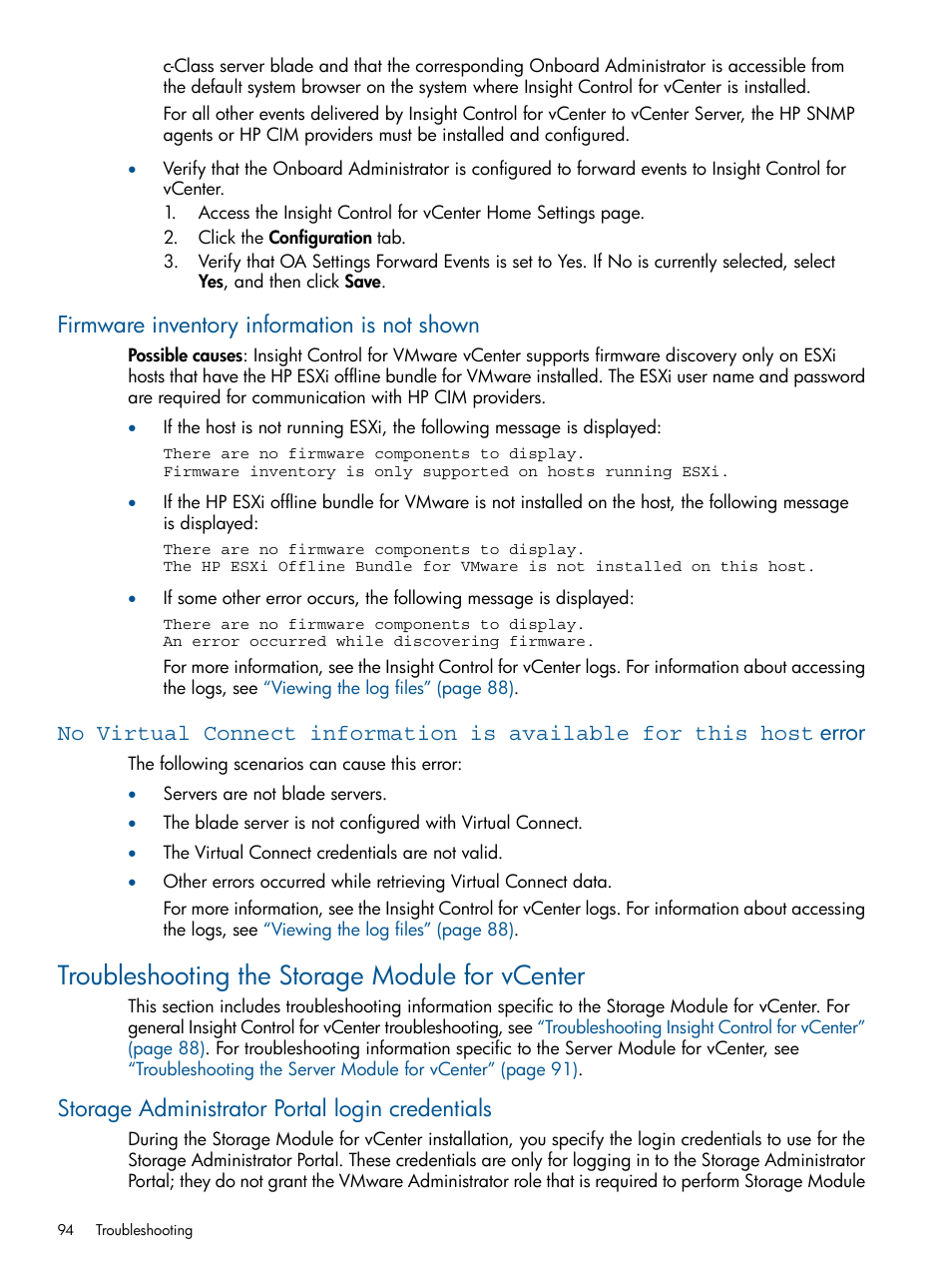 Firmware inventory information is not shown, Troubleshooting the storage module for vcenter, Storage administrator portal login credentials | HP OneView for VMware vCenter User Manual | Page 94 / 107