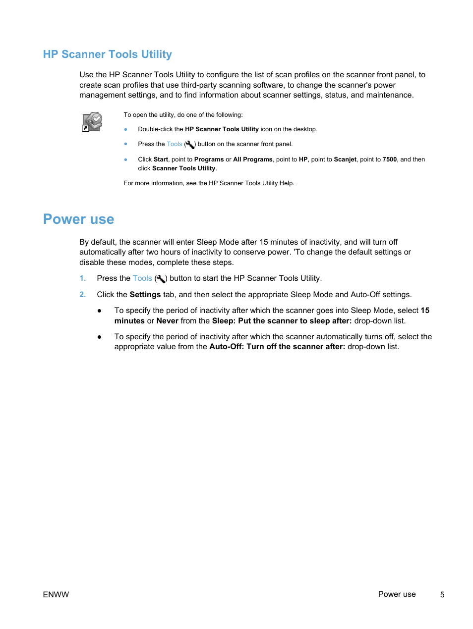 Hp scanner tools utility, Power use | HP Scanjet Enterprise 7500 Flatbed Scanner User Manual | Page 11 / 62