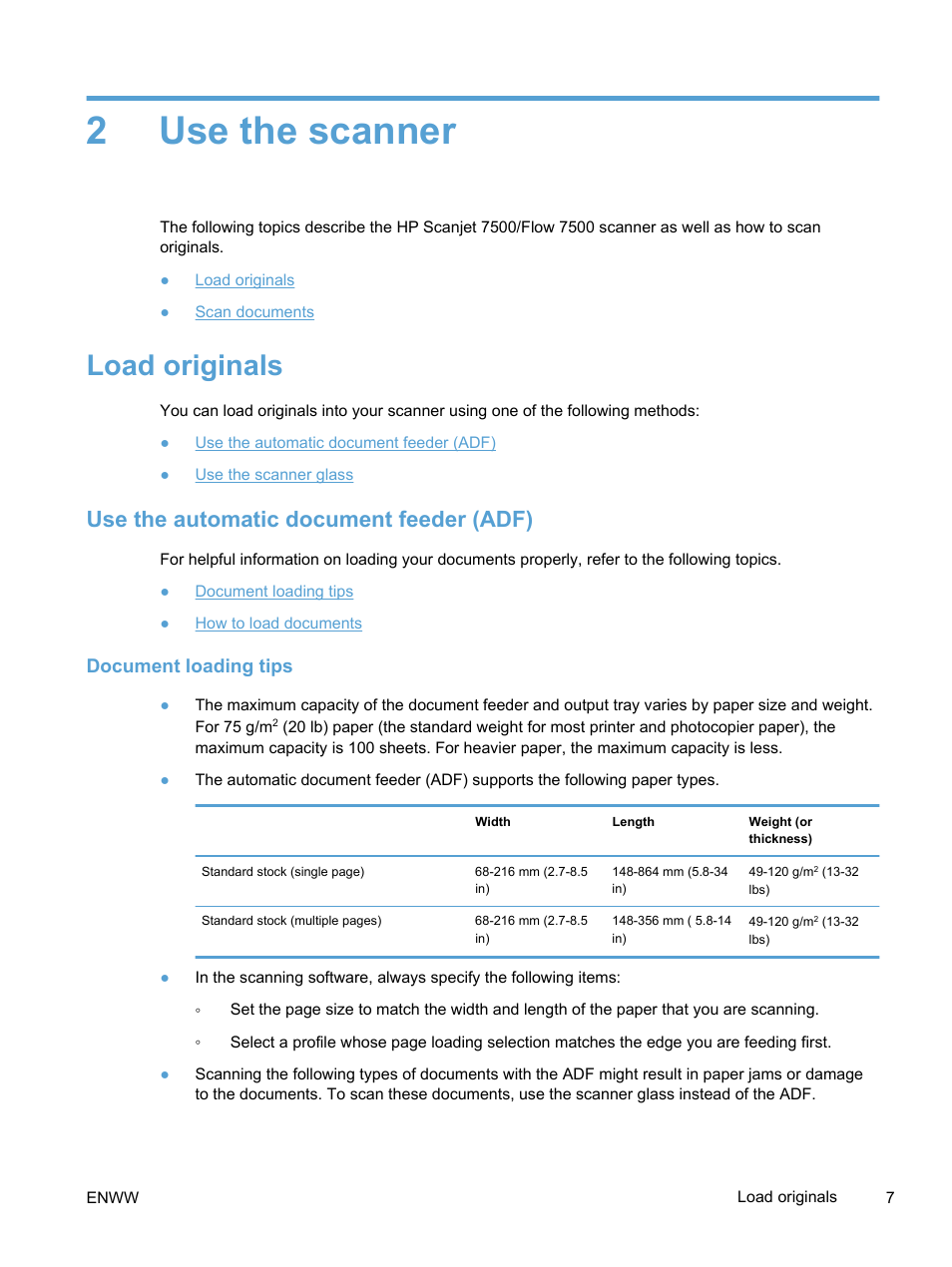 Use the scanner, Load originals, Use the automatic document feeder (adf) | Document loading tips, 2 use the scanner, 2use the scanner | HP Scanjet Enterprise 7500 Flatbed Scanner User Manual | Page 13 / 62