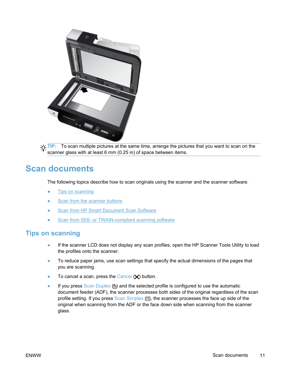 Scan documents, Tips on scanning | HP Scanjet Enterprise 7500 Flatbed Scanner User Manual | Page 17 / 62