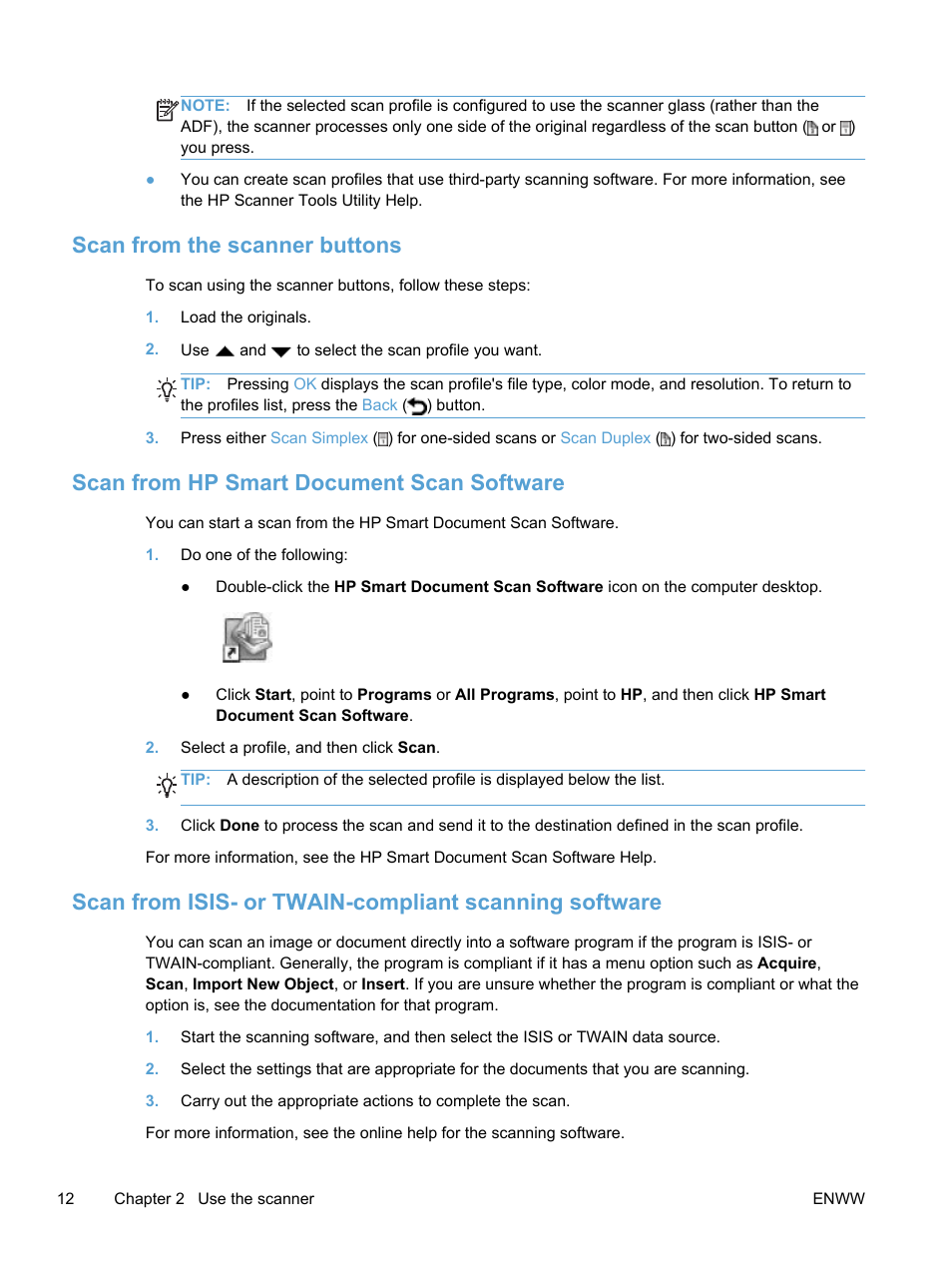 Scan from the scanner buttons, Scan from hp smart document scan software | HP Scanjet Enterprise 7500 Flatbed Scanner User Manual | Page 18 / 62