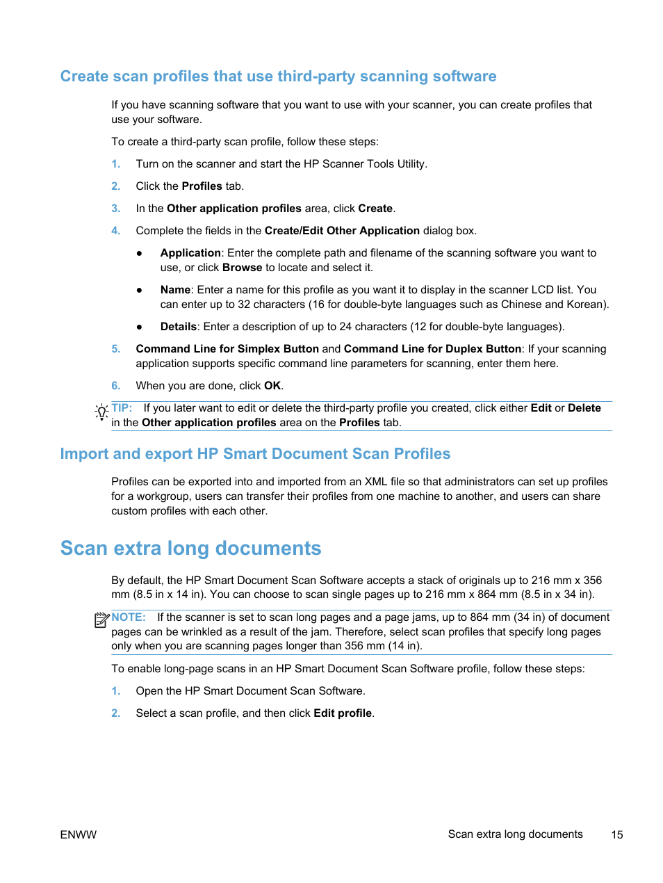 Import and export hp smart document scan profiles, Scan extra long documents | HP Scanjet Enterprise 7500 Flatbed Scanner User Manual | Page 21 / 62