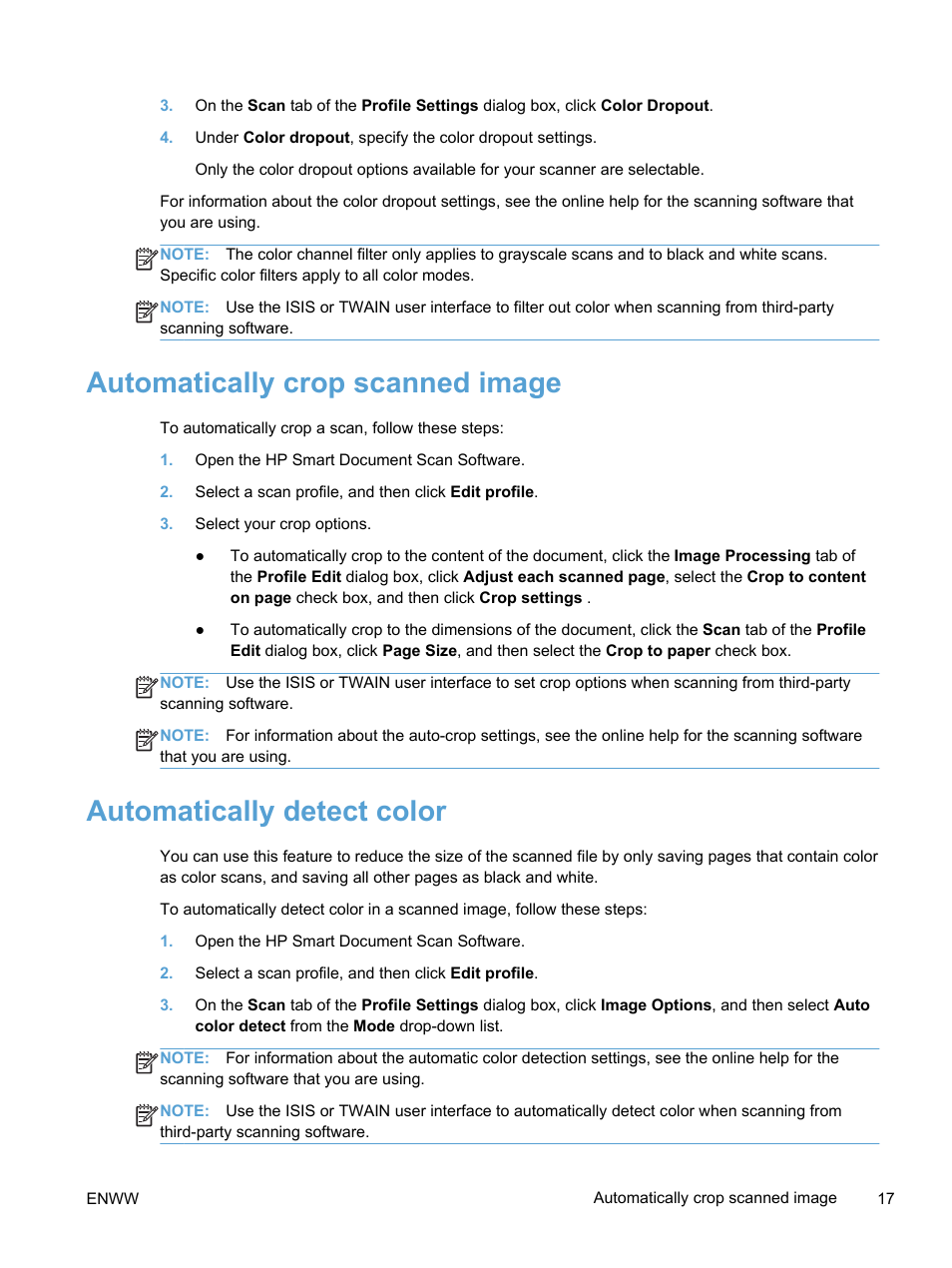 Automatically crop scanned image, Automatically detect color | HP Scanjet Enterprise 7500 Flatbed Scanner User Manual | Page 23 / 62