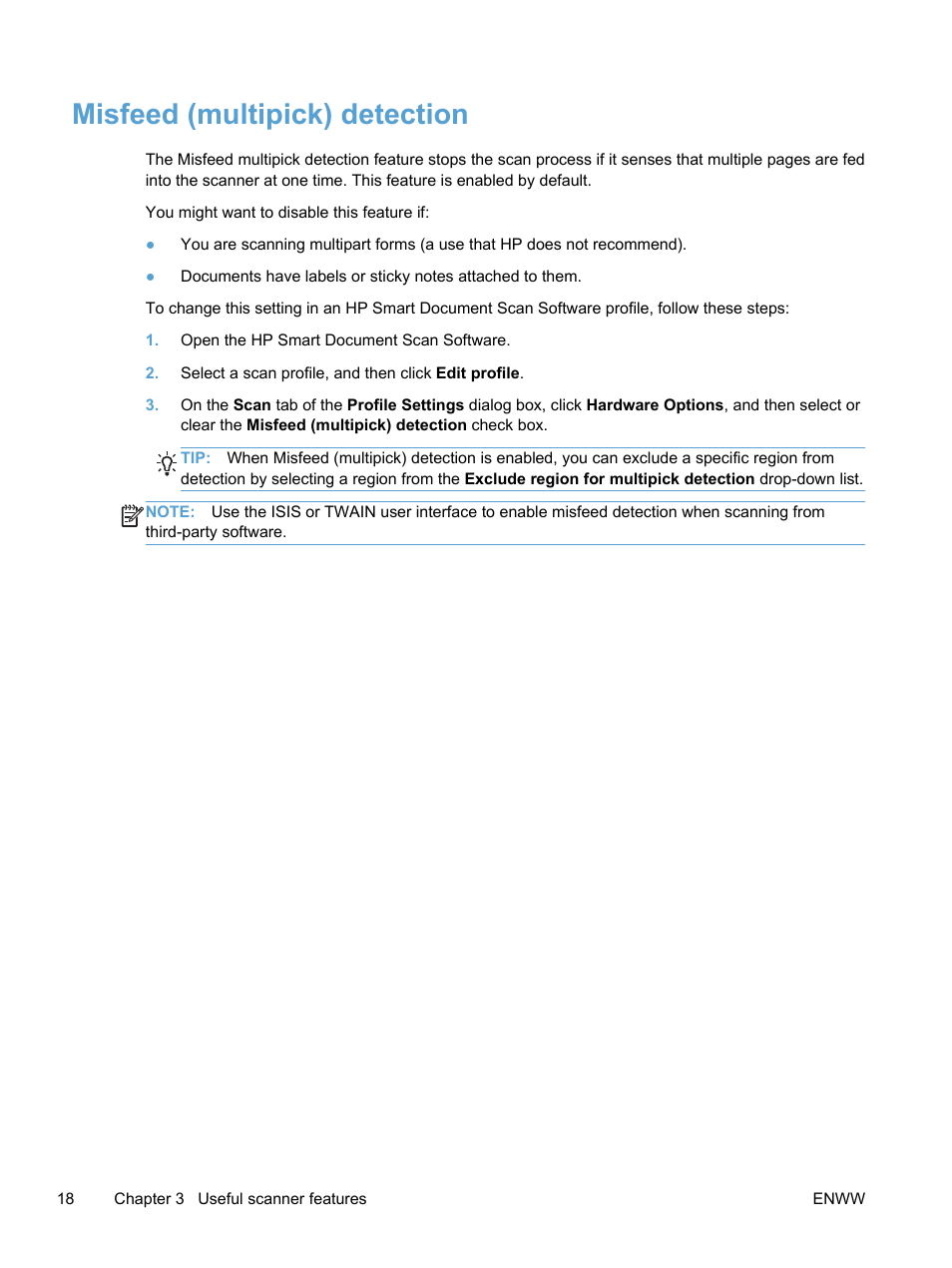 Misfeed (multipick) detection | HP Scanjet Enterprise 7500 Flatbed Scanner User Manual | Page 24 / 62