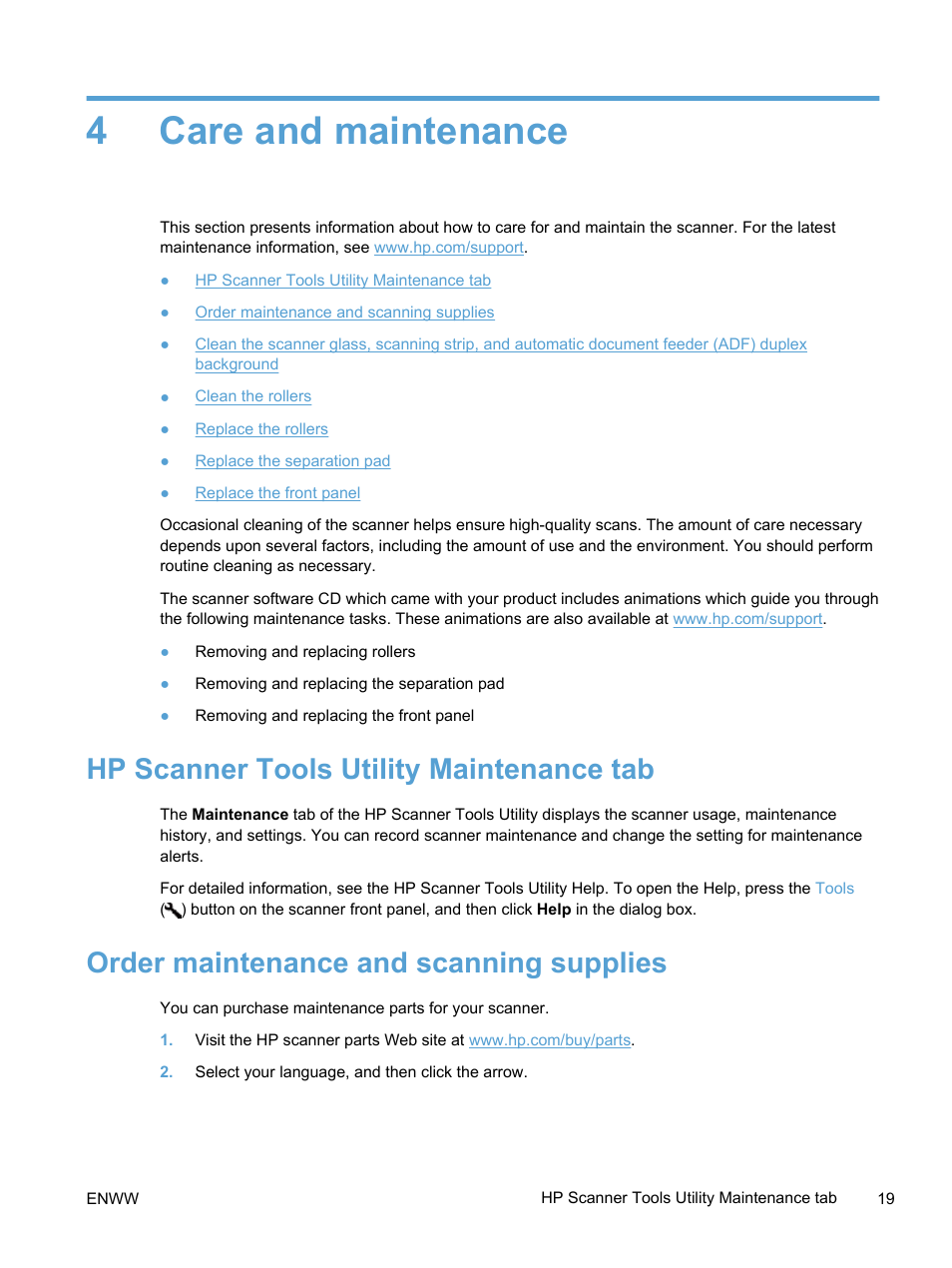 Care and maintenance, Hp scanner tools utility maintenance tab, Order maintenance and scanning supplies | 4 care and maintenance, 4care and maintenance | HP Scanjet Enterprise 7500 Flatbed Scanner User Manual | Page 25 / 62