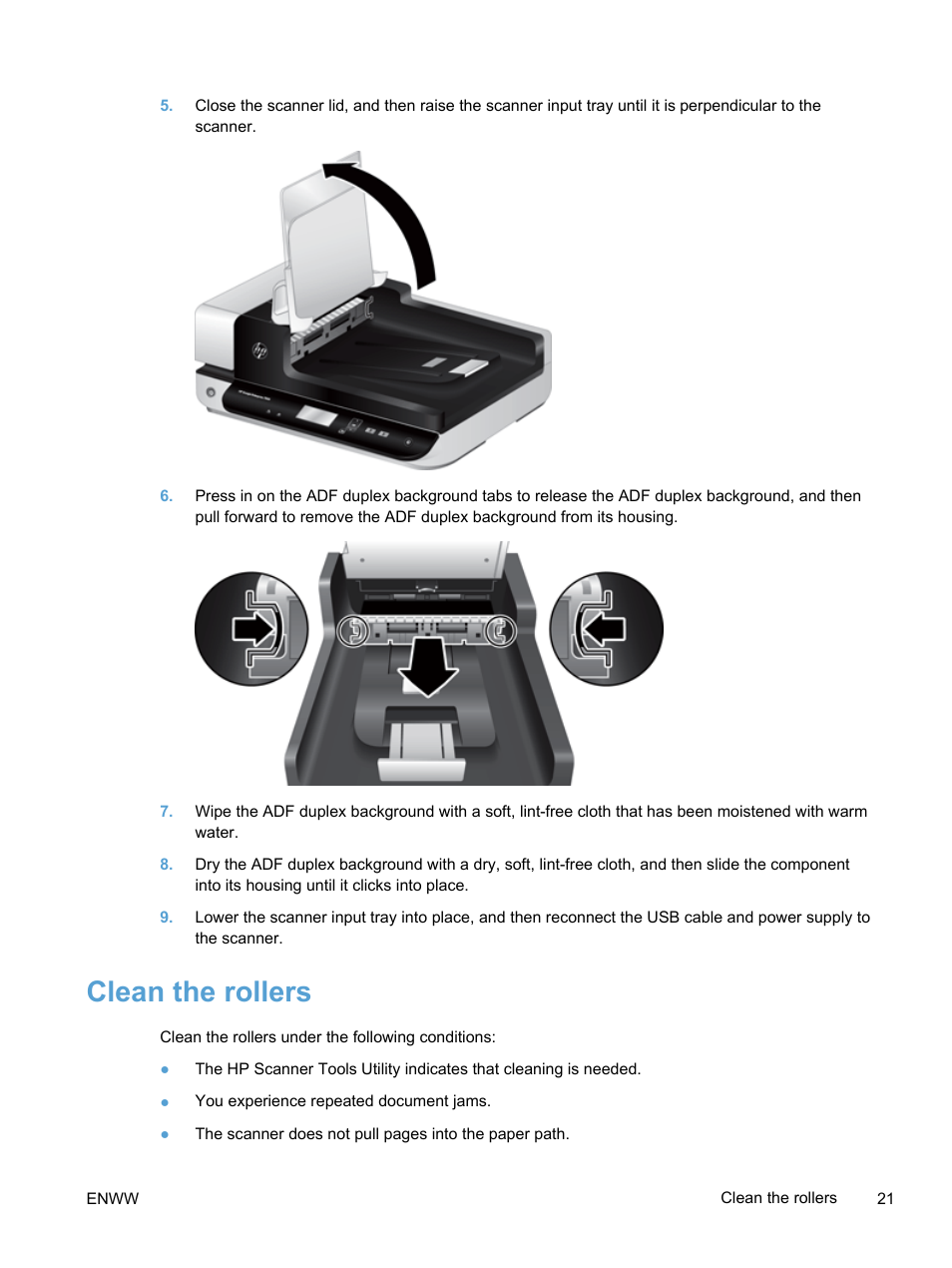 Clean the rollers | HP Scanjet Enterprise 7500 Flatbed Scanner User Manual | Page 27 / 62