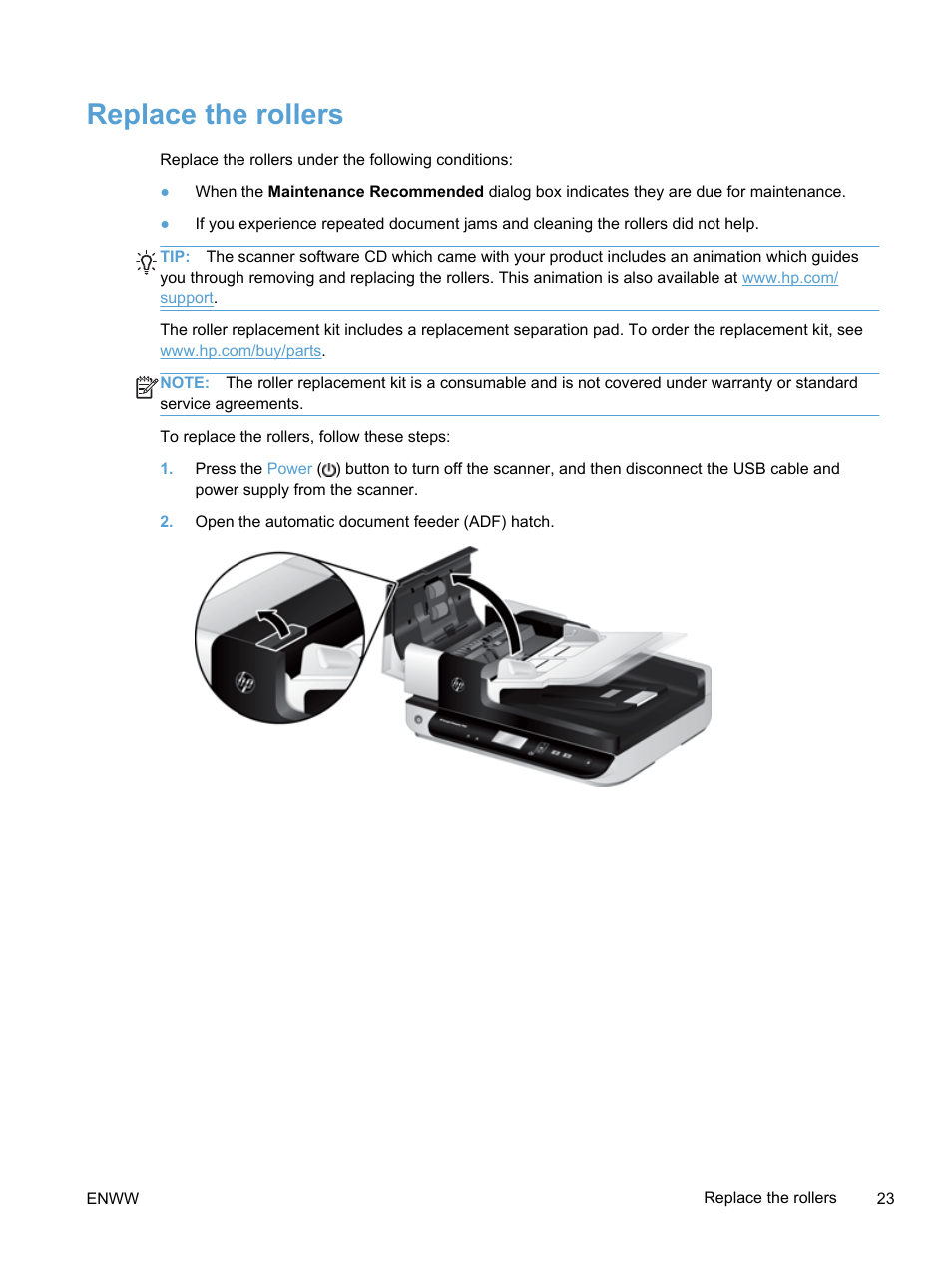 Replace the rollers | HP Scanjet Enterprise 7500 Flatbed Scanner User Manual | Page 29 / 62