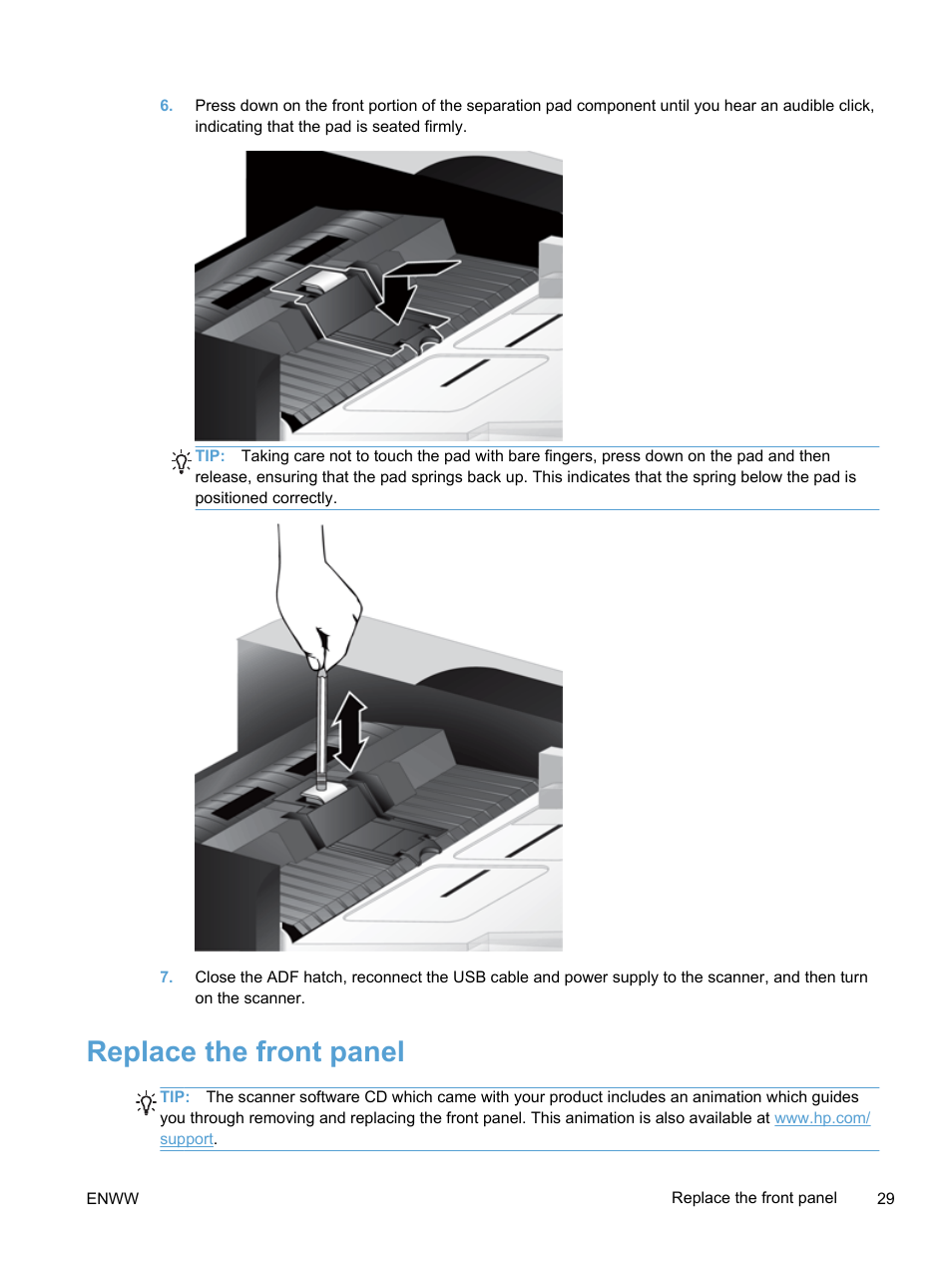 Replace the front panel | HP Scanjet Enterprise 7500 Flatbed Scanner User Manual | Page 35 / 62