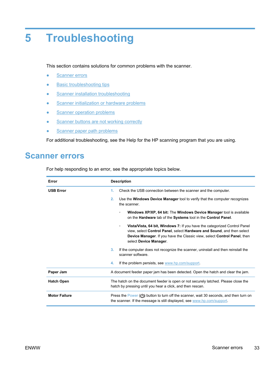 Troubleshooting, Scanner errors, 5 troubleshooting | 5troubleshooting | HP Scanjet Enterprise 7500 Flatbed Scanner User Manual | Page 39 / 62