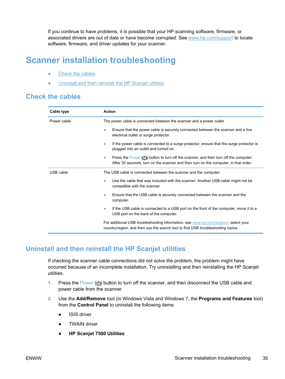 Scanner installation troubleshooting, Check the cables | HP Scanjet Enterprise 7500 Flatbed Scanner User Manual | Page 41 / 62