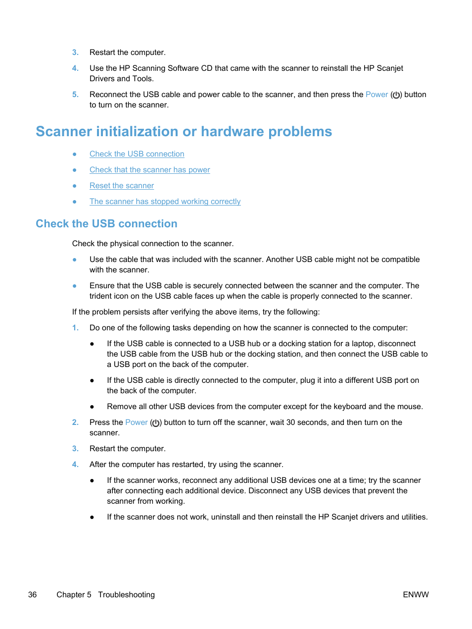 Scanner initialization or hardware problems, Check the usb connection | HP Scanjet Enterprise 7500 Flatbed Scanner User Manual | Page 42 / 62