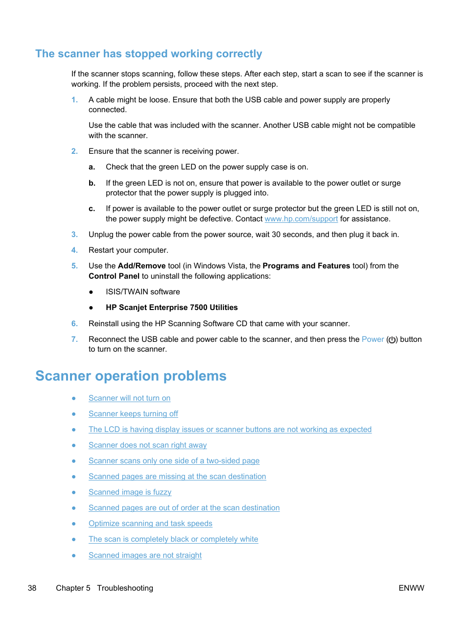 The scanner has stopped working correctly, Scanner operation problems | HP Scanjet Enterprise 7500 Flatbed Scanner User Manual | Page 44 / 62