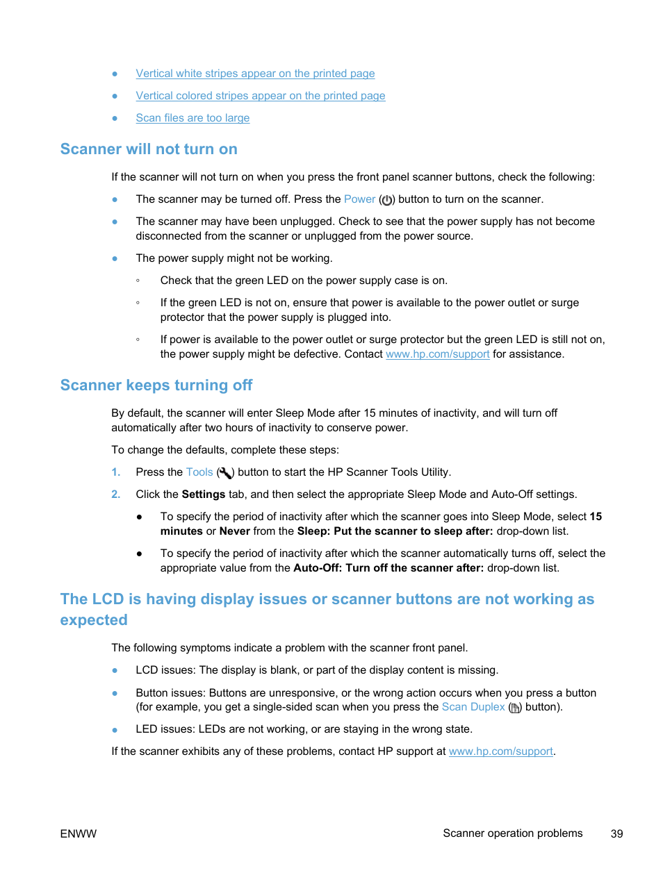 Scanner will not turn on, Scanner keeps turning off | HP Scanjet Enterprise 7500 Flatbed Scanner User Manual | Page 45 / 62