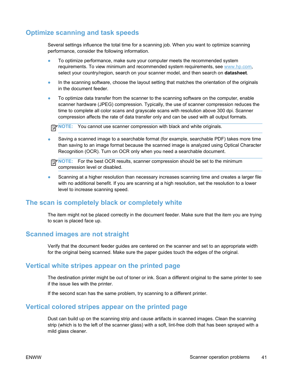 Optimize scanning and task speeds, The scan is completely black or completely white, Scanned images are not straight | Vertical white stripes appear on the printed page | HP Scanjet Enterprise 7500 Flatbed Scanner User Manual | Page 47 / 62