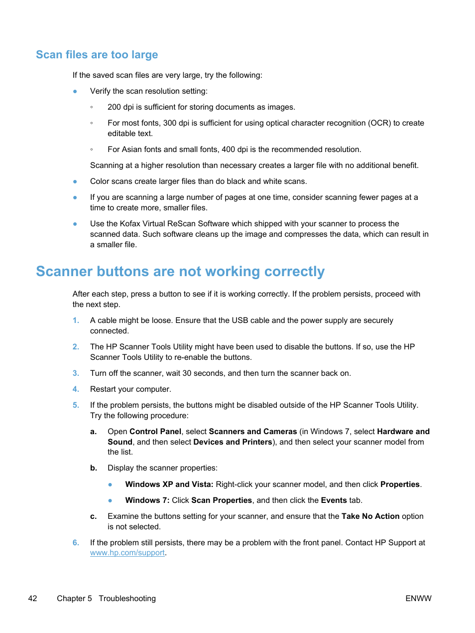 Scan files are too large, Scanner buttons are not working correctly | HP Scanjet Enterprise 7500 Flatbed Scanner User Manual | Page 48 / 62