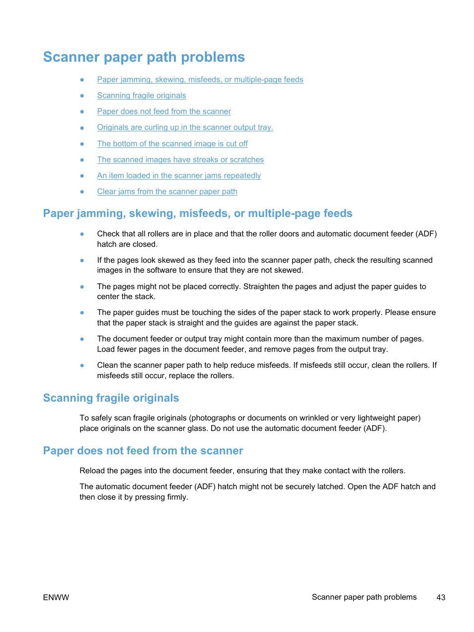Scanner paper path problems, Scanning fragile originals, Paper does not feed from the scanner | HP Scanjet Enterprise 7500 Flatbed Scanner User Manual | Page 49 / 62