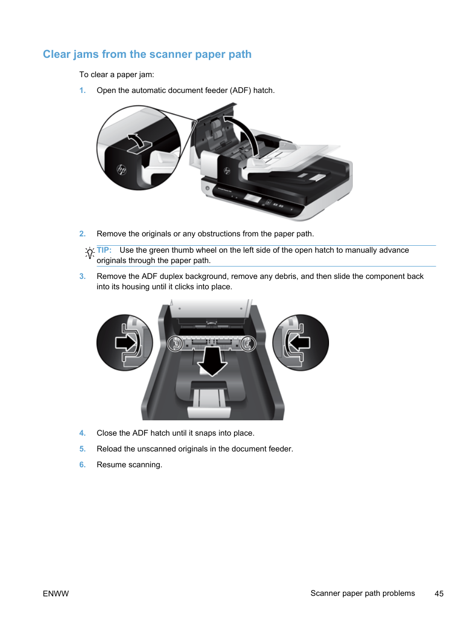 Clear jams from the scanner paper path | HP Scanjet Enterprise 7500 Flatbed Scanner User Manual | Page 51 / 62