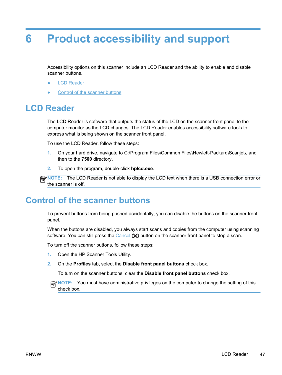 Product accessibility and support, Lcd reader, Control of the scanner buttons | 6 product accessibility and support, Lcd reader control of the scanner buttons, 6product accessibility and support | HP Scanjet Enterprise 7500 Flatbed Scanner User Manual | Page 53 / 62