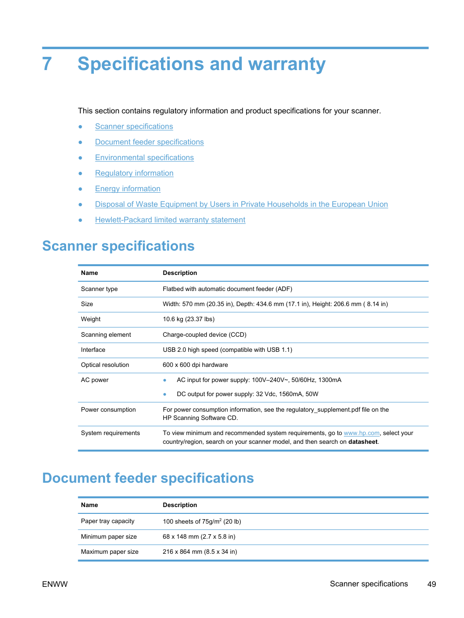 Specifications and warranty, Scanner specifications, Document feeder specifications | 7 specifications and warranty, 7specifications and warranty | HP Scanjet Enterprise 7500 Flatbed Scanner User Manual | Page 55 / 62