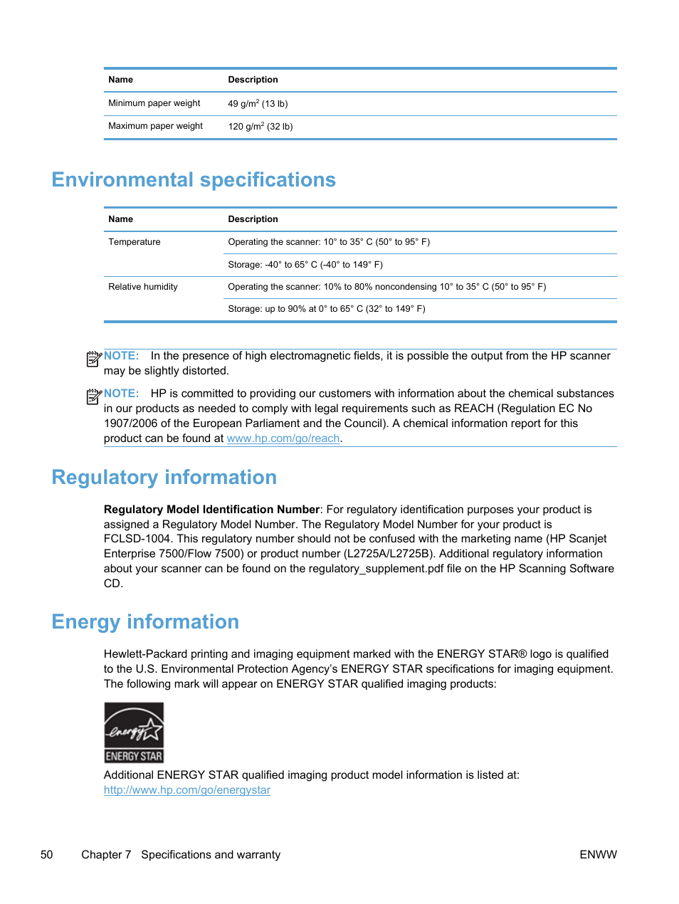 Environmental specifications, Regulatory information, Energy information | HP Scanjet Enterprise 7500 Flatbed Scanner User Manual | Page 56 / 62
