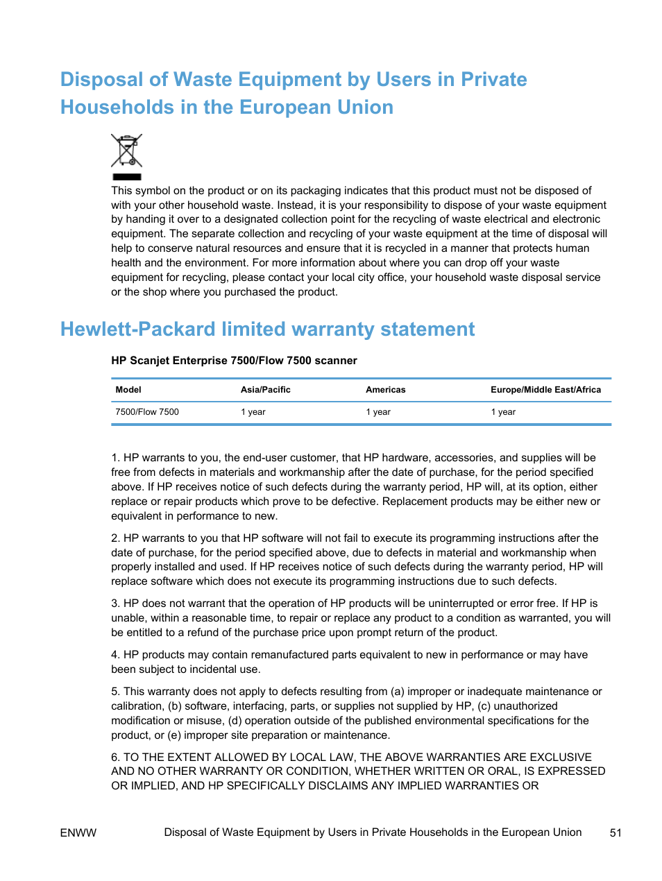 Hewlett-packard limited warranty statement | HP Scanjet Enterprise 7500 Flatbed Scanner User Manual | Page 57 / 62