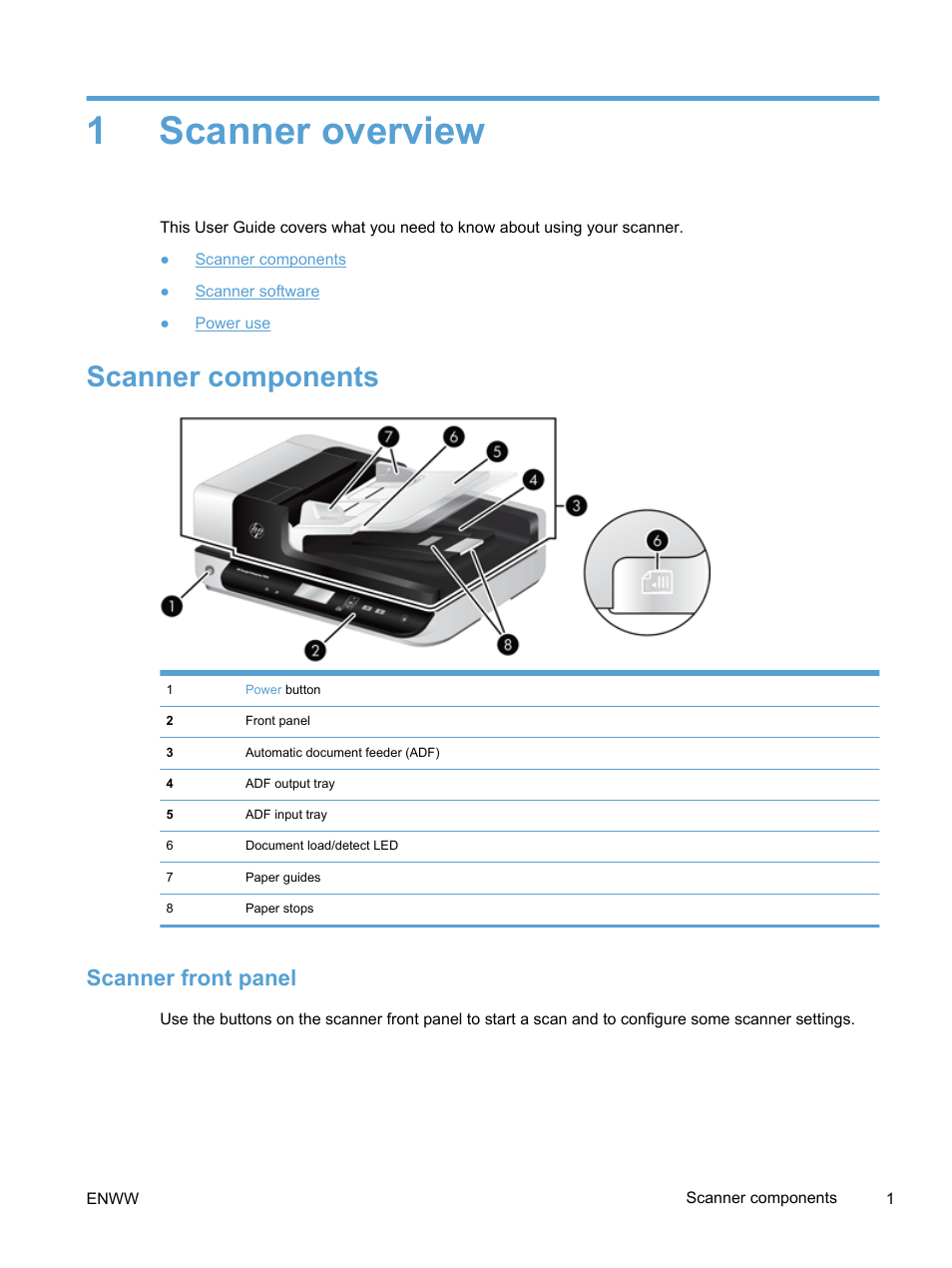 Scanner overview, Scanner components, Scanner front panel | 1 scanner overview, 1scanner overview | HP Scanjet Enterprise 7500 Flatbed Scanner User Manual | Page 7 / 62