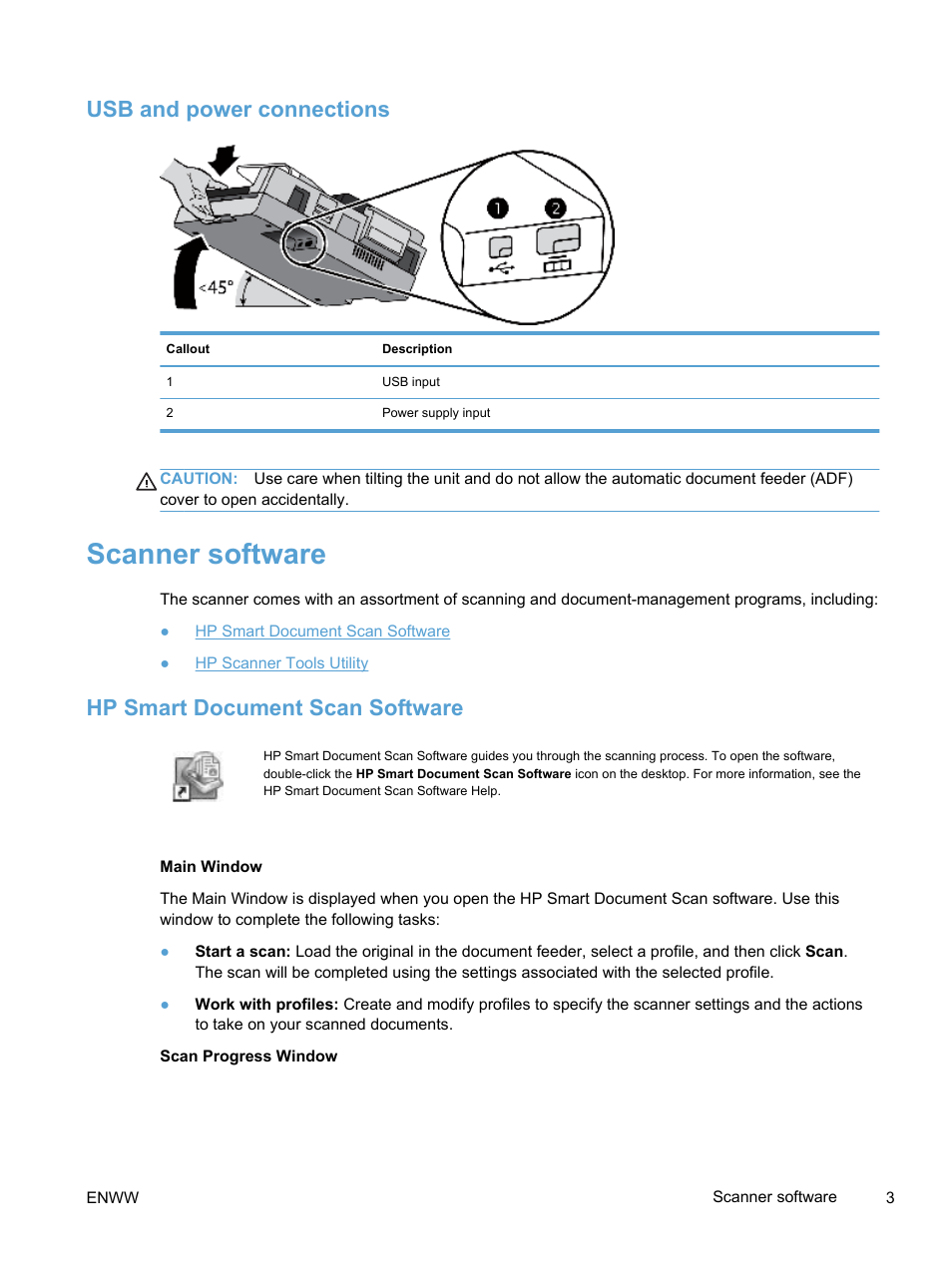 Usb and power connections, Scanner software, Hp smart document scan software | HP Scanjet Enterprise 7500 Flatbed Scanner User Manual | Page 9 / 62