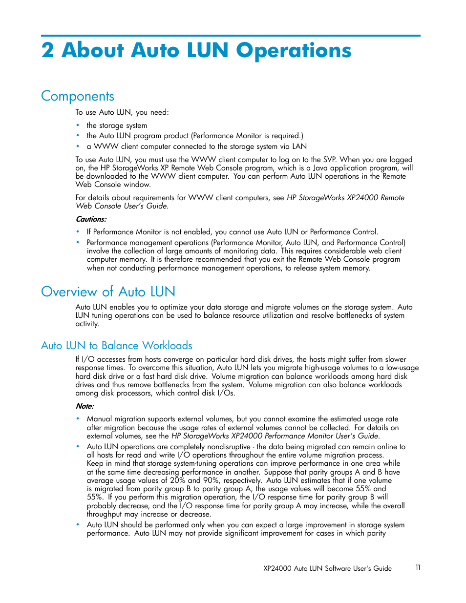 2 about auto lun operations, Components, Overview of auto lun | Auto lun to balance workloads | HP XP20000XP24000 Disk Array User Manual | Page 11 / 53