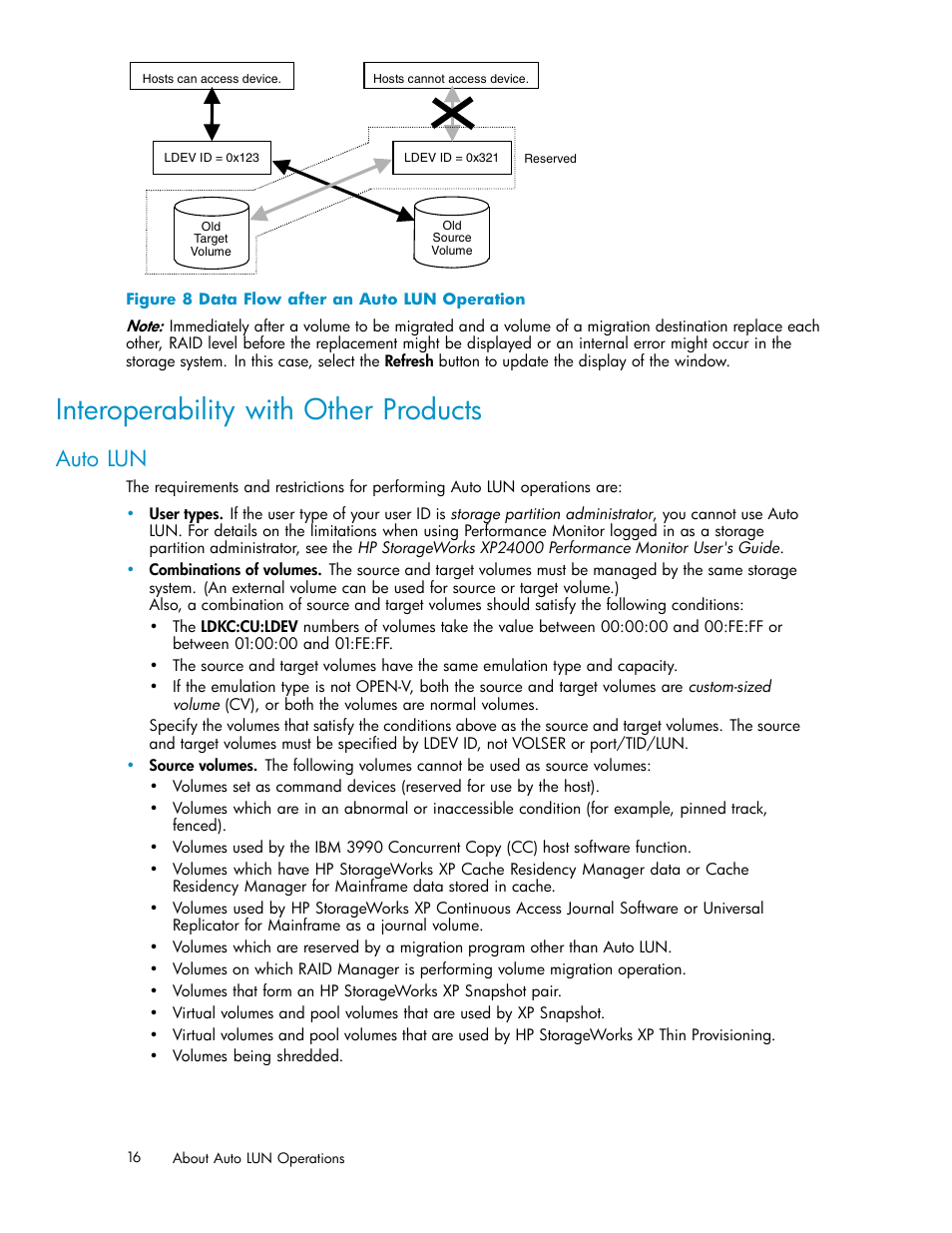 Interoperability with other products, Auto lun, 8 data flow after an auto lun operation | Figure 8 | HP XP20000XP24000 Disk Array User Manual | Page 16 / 53