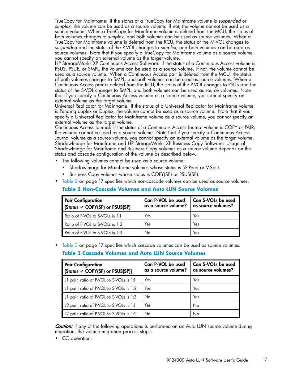 2 non-cascade, Volumes, Auto | Source, 3 cascade volumes and auto lun source volumes | HP XP20000XP24000 Disk Array User Manual | Page 17 / 53