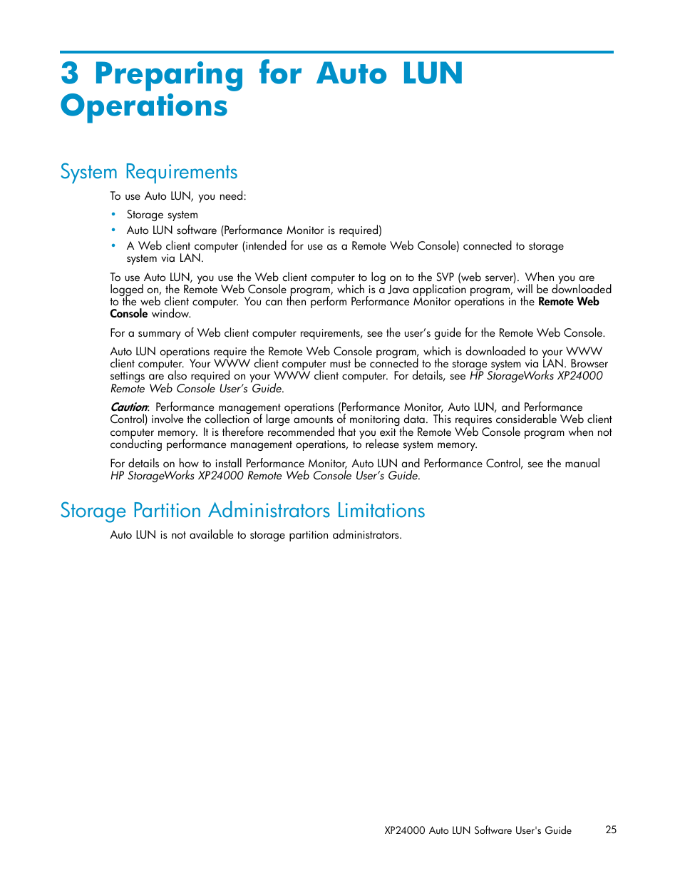 3 preparing for auto lun operations, System requirements, Storage partition administrators limitations | HP XP20000XP24000 Disk Array User Manual | Page 25 / 53