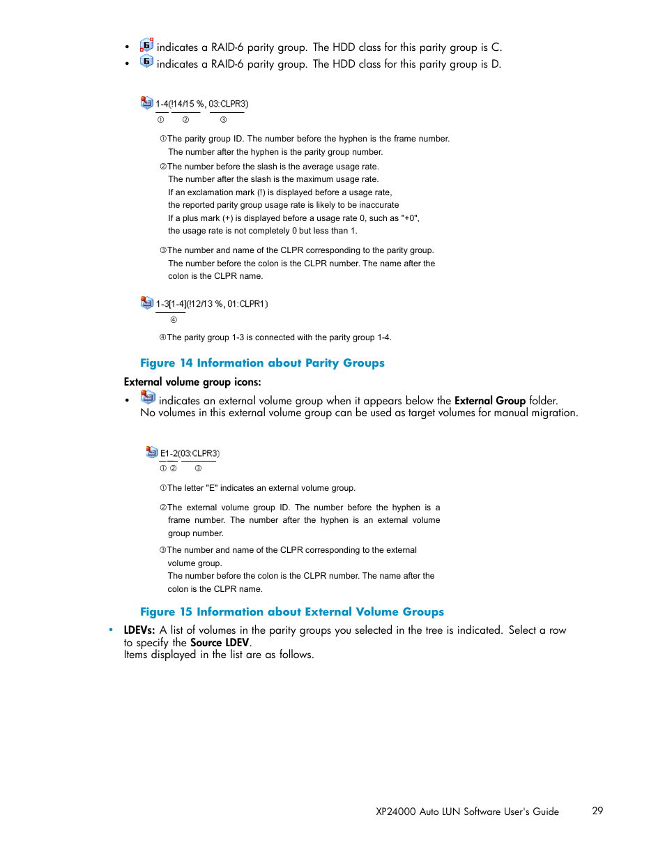 14 information about parity groups, 15 information about external volume groups | HP XP20000XP24000 Disk Array User Manual | Page 29 / 53