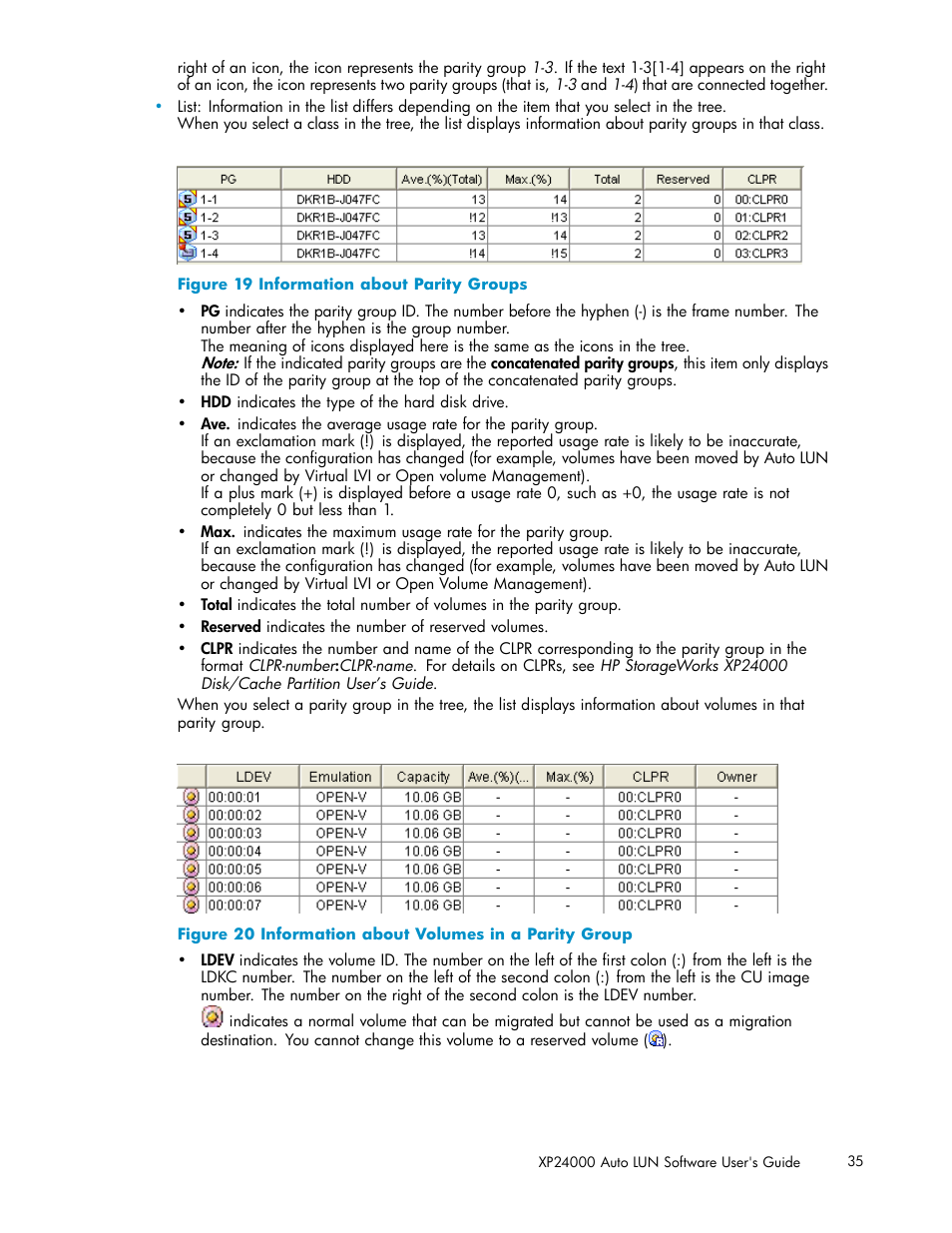 19 information about parity groups, 20 information about volumes in a parity group | HP XP20000XP24000 Disk Array User Manual | Page 35 / 53