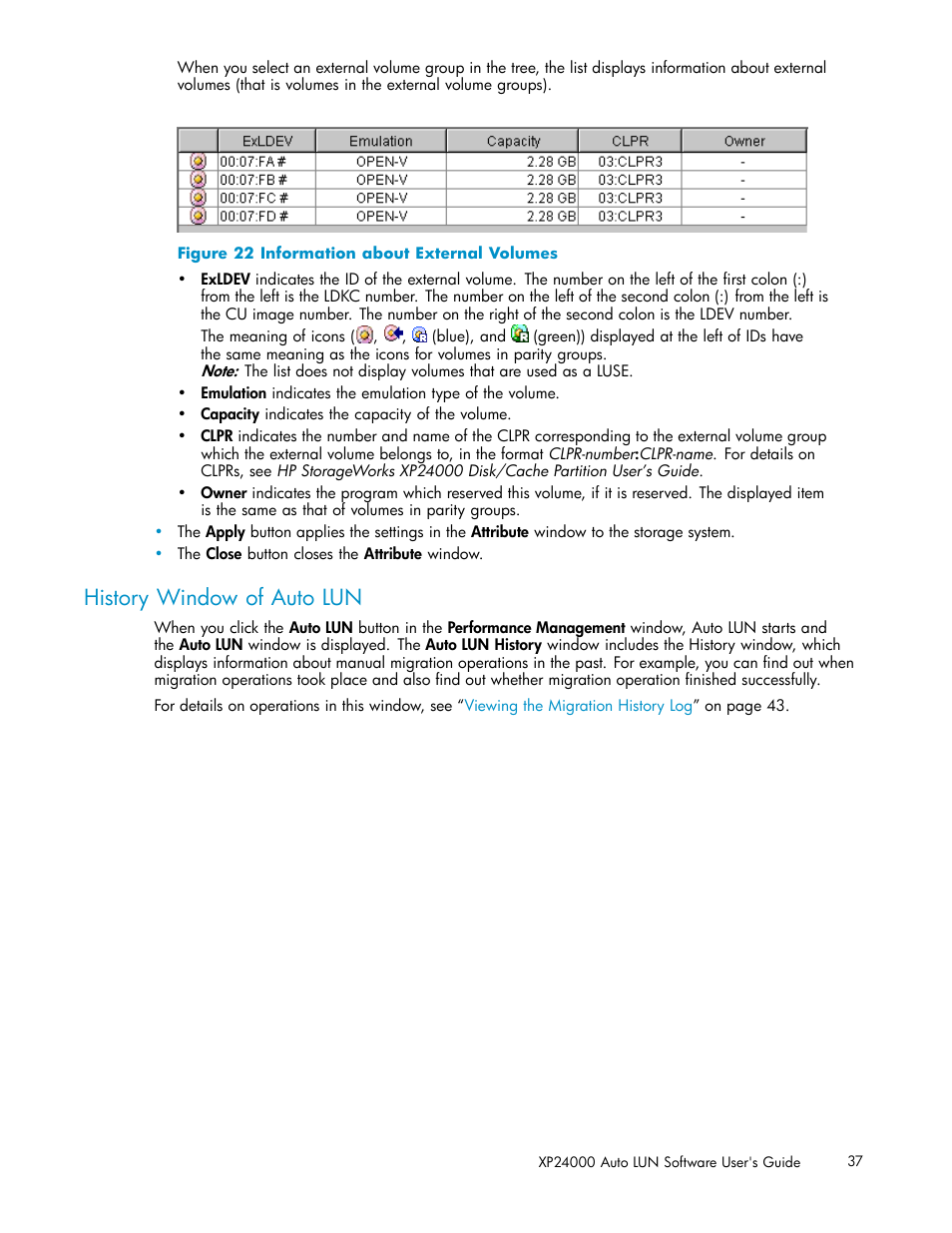 History window of auto lun, 22 information about external volumes | HP XP20000XP24000 Disk Array User Manual | Page 37 / 53